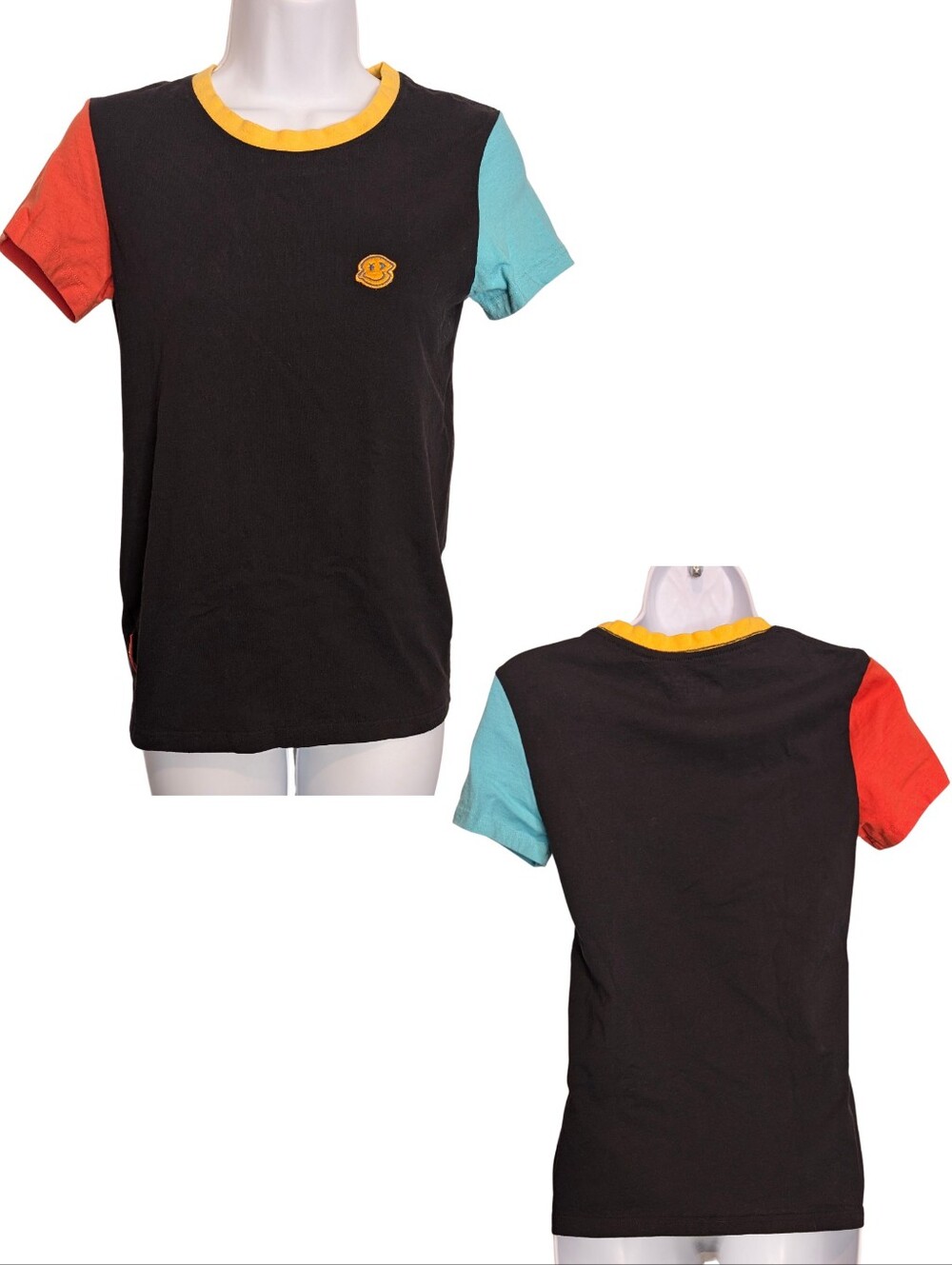 Dutch Bros Black Tee with Yellow Neck and Red & Blue Sleeves. Small